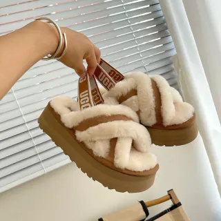 UGG Beige Brown Platform Sole Crisscross Shearling Straps Slippers