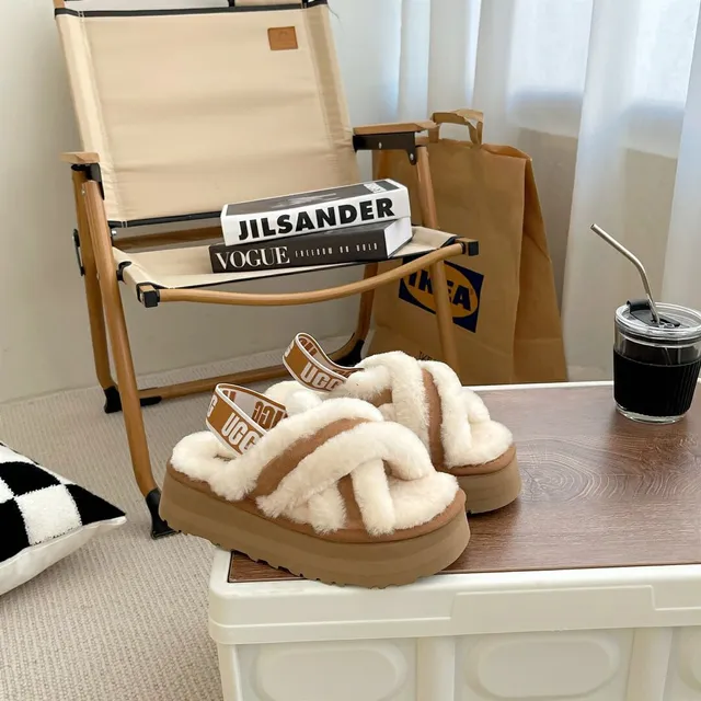 UGG Beige Brown Platform Sole Crisscross Shearling Straps Slippers 2