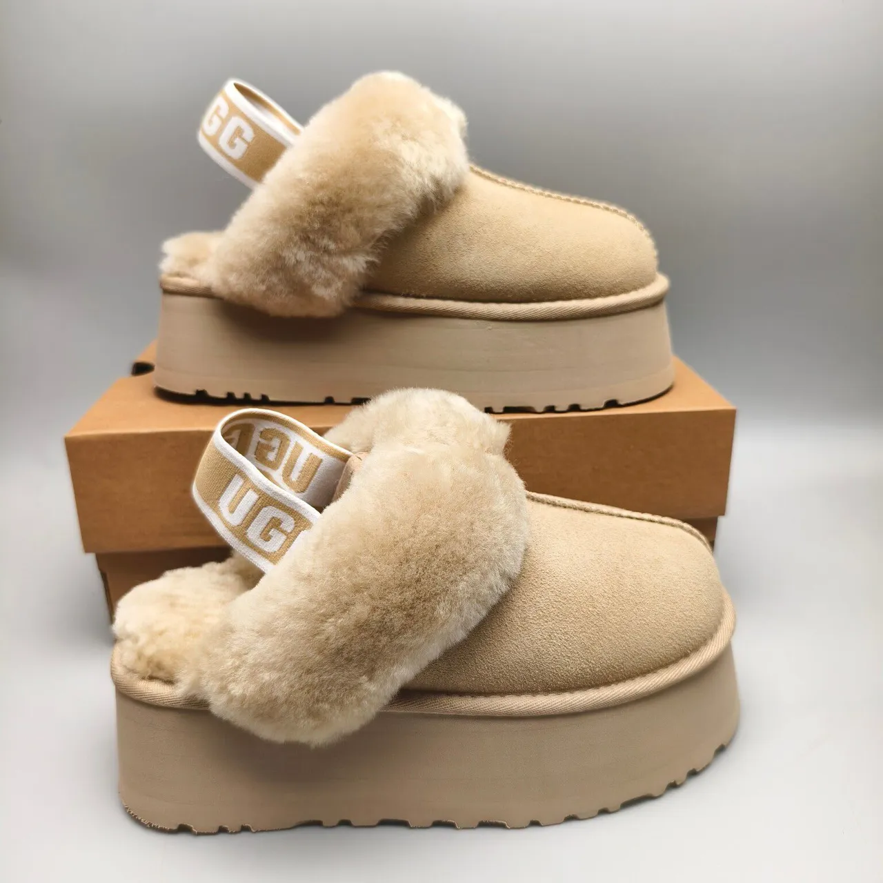 UGG Tasman Beige Shearling Platform Slippers 5