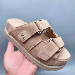 UGG Tasman Beige Suede Double-Strap Platform Slippers