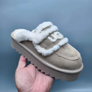 UGG Tasman Beige Suede Shearling-Trimmed Platform Slippers