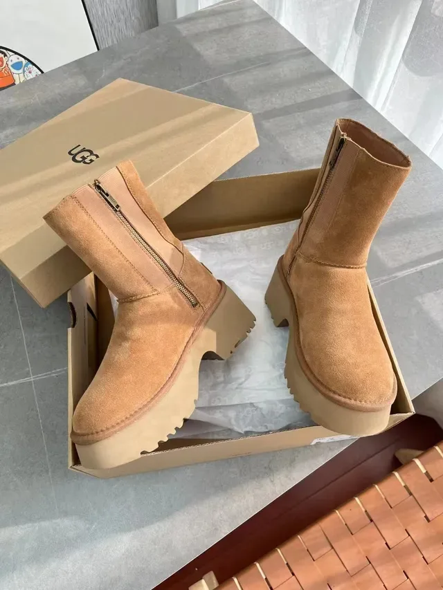 UGG Tasman Brown Beige Platform Sole Suede Upper Ankle Boots 3