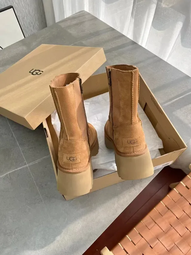 UGG Tasman Brown Beige Platform Sole Suede Upper Ankle Boots 4