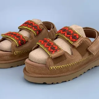 UGG Tasman বাদামী লাল প্ল্যাটফর্ম সোল ডুয়েল ভেলক্রো স্ট্র্যাপস ক্যাজুয়াল স্যান্ডেল