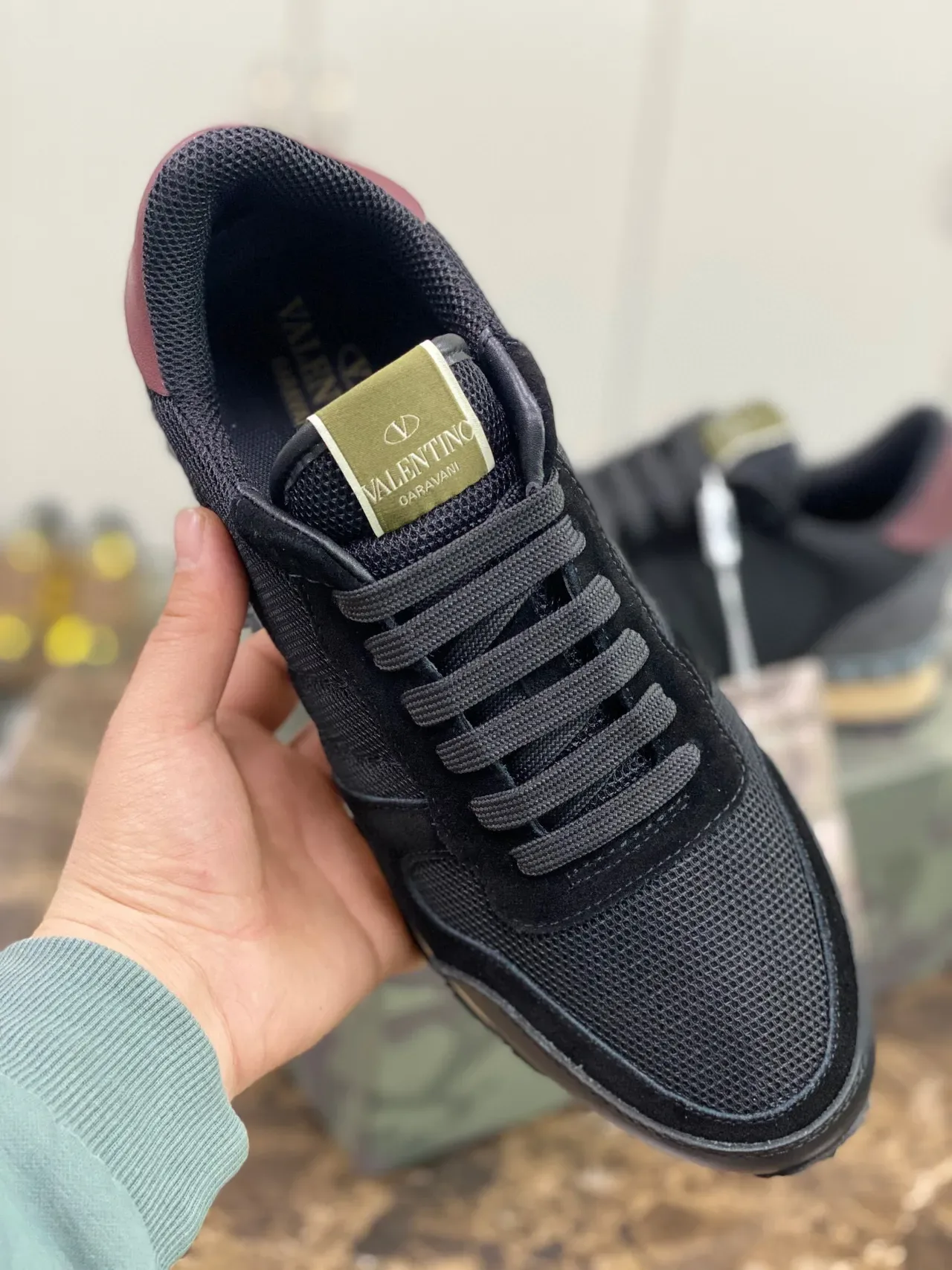 Valentino Noir Beige Maille Et Daim Supérieur Talon Spiked Caoutchouc Sneakers Lifestyle 3