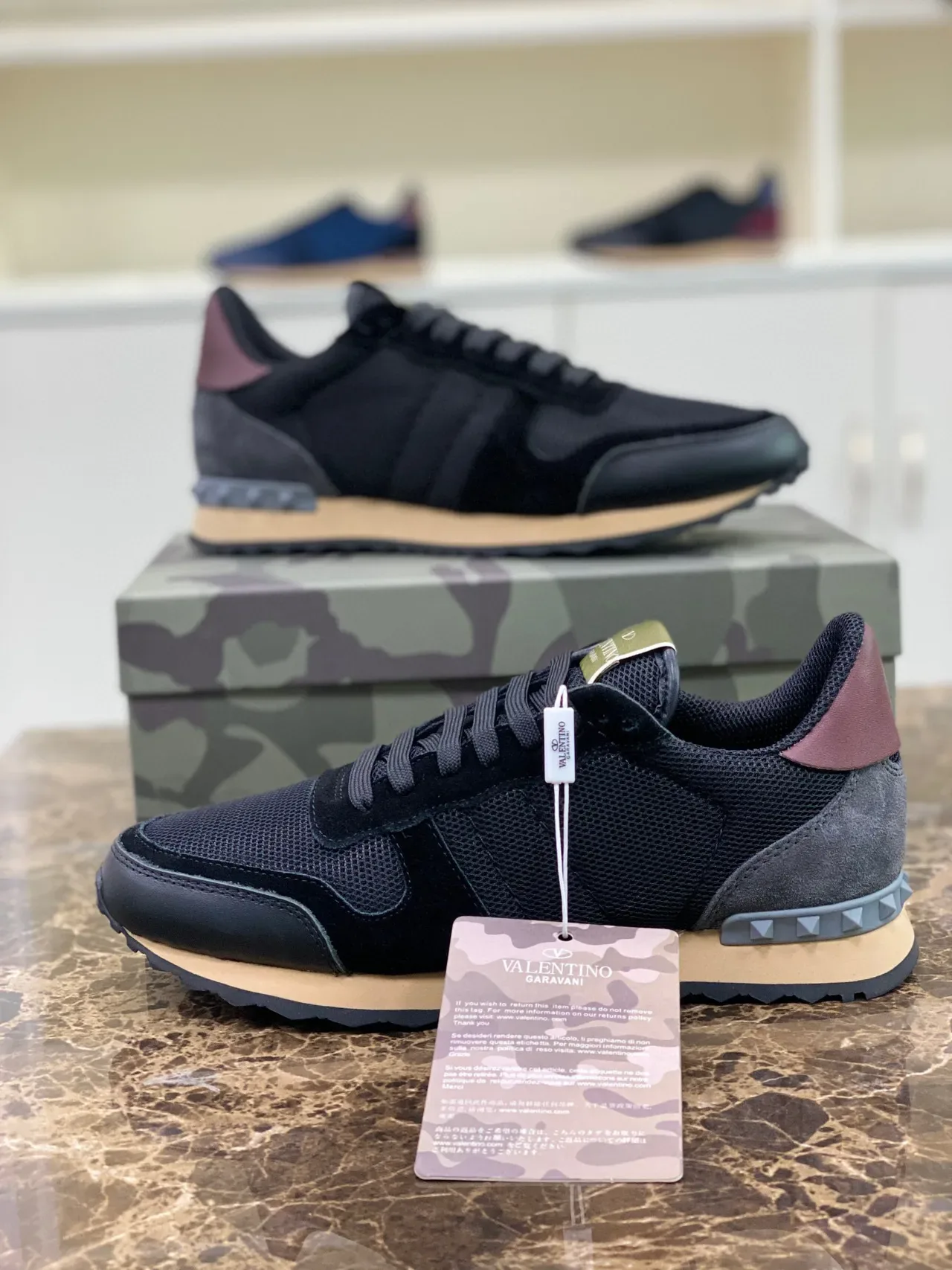 Valentino Noir Beige Maille Et Daim Supérieur Talon Spiked Caoutchouc Sneakers Lifestyle 6