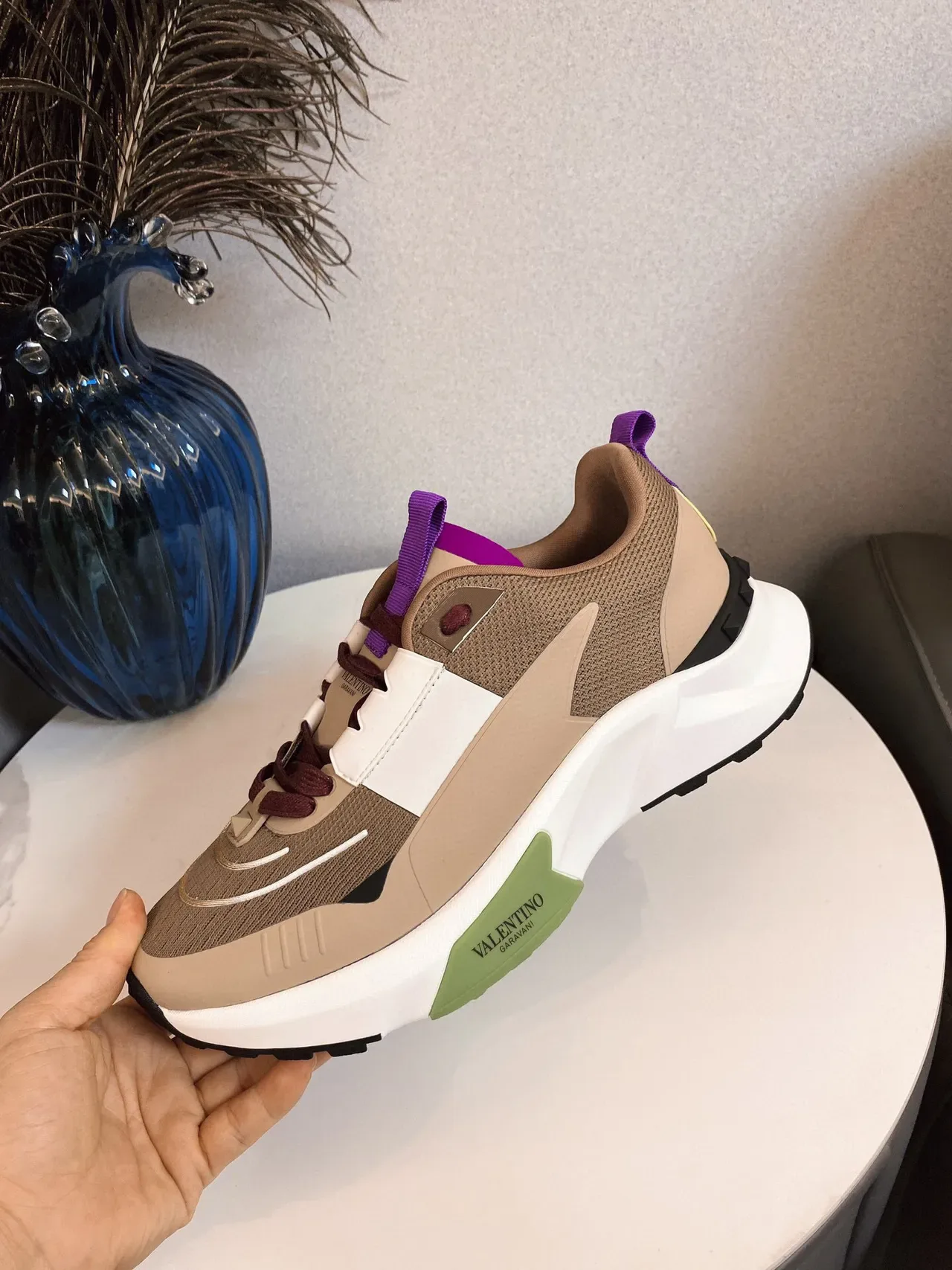 Valentino Open Beige White malla con capas y superposiciones sintéticas suela media esculpida sneakers lifestyle 5