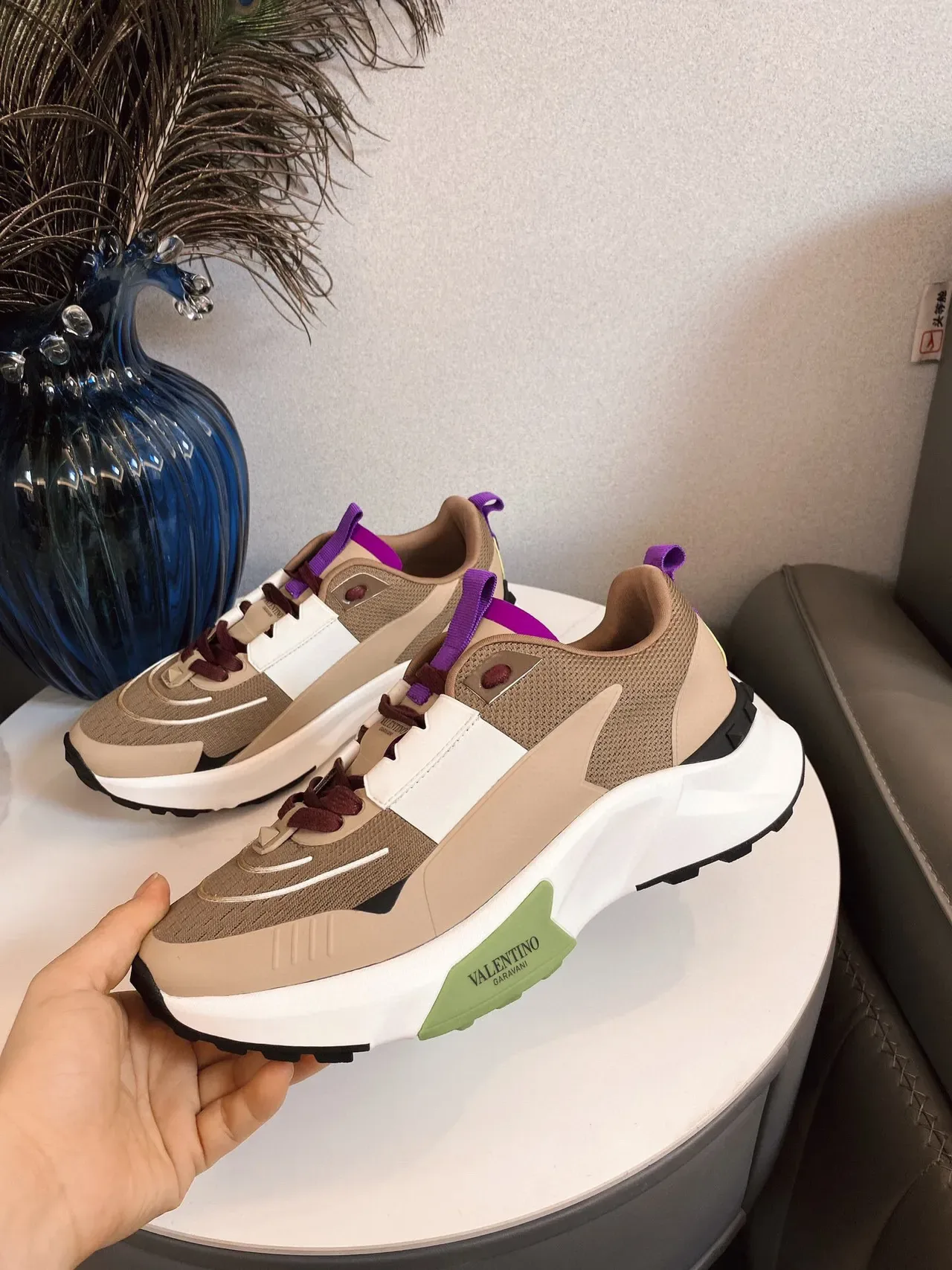 Valentino Open Beige White malla con capas y superposiciones sintéticas suela media esculpida sneakers lifestyle 6