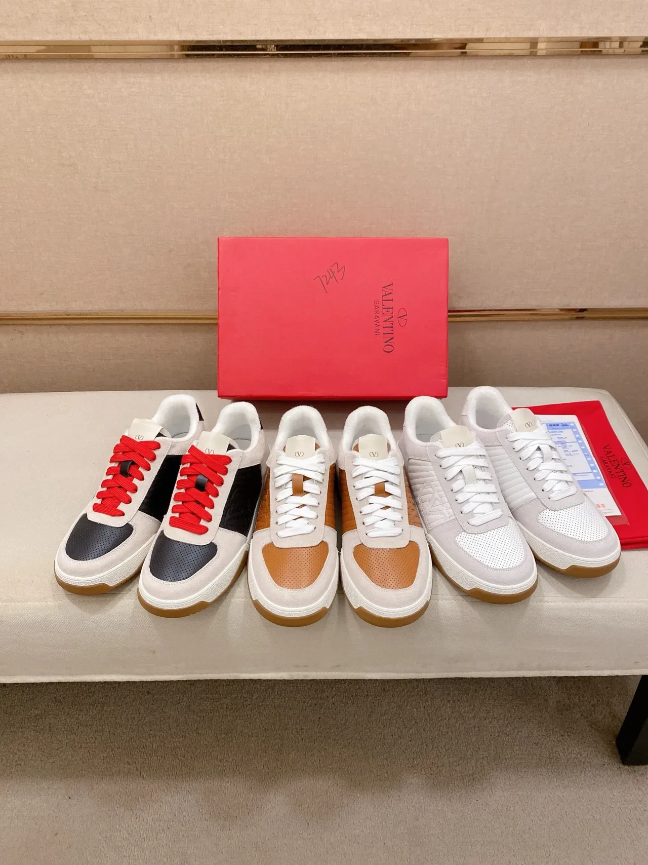 Valentino Rockstud Beige Navy Quilted VLogo Panel Suede And Perforated Leather Upper Lifestyle Sneakers 2