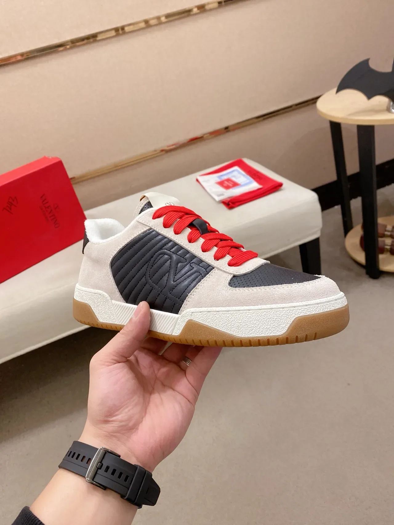 Valentino Rockstud Beige Navy Quilted VLogo Panel Suede And Perforated Leather Upper Lifestyle Sneakers 5