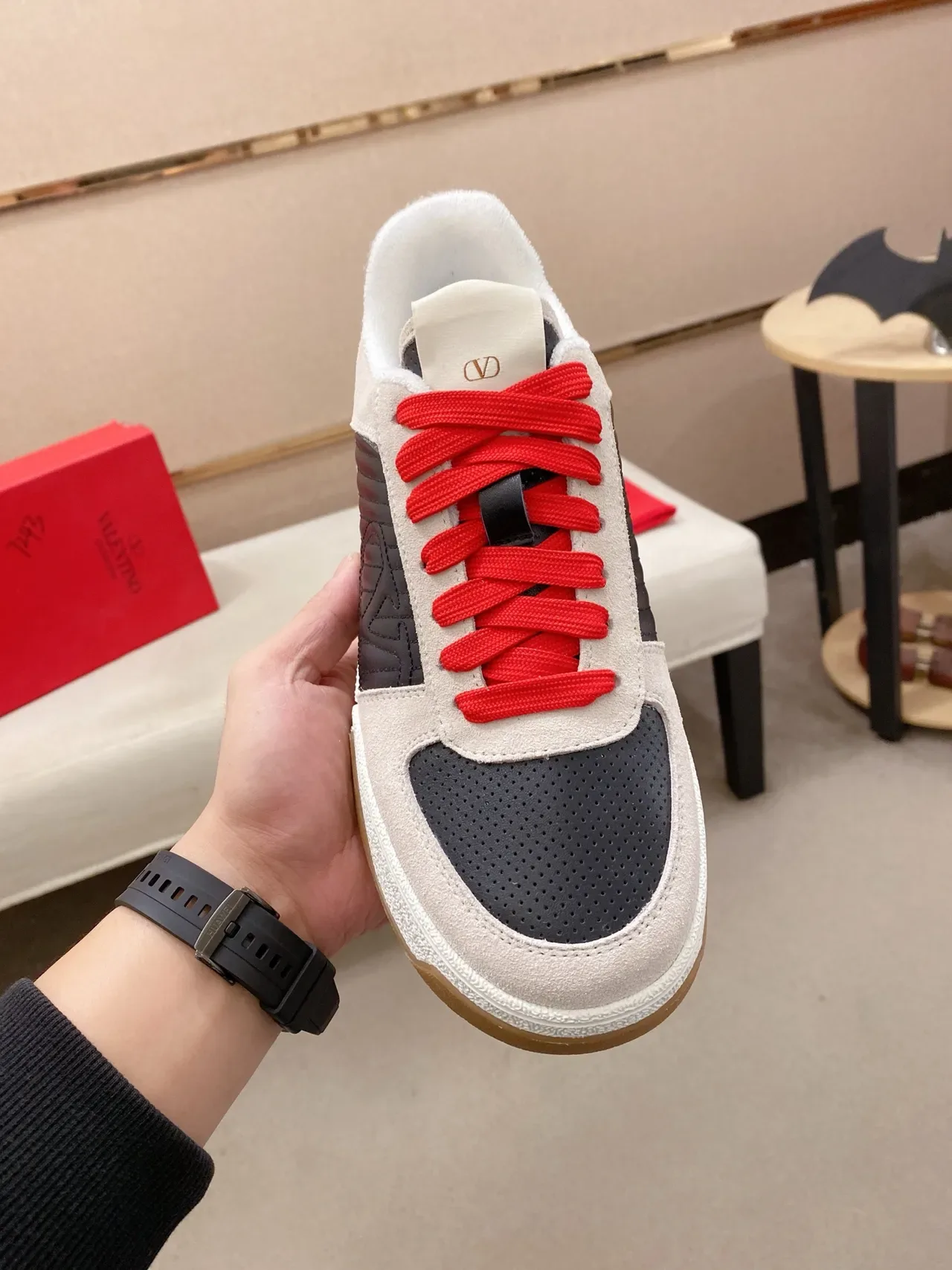 Valentino Rockstud Beige Navy Quilted VLogo Panel Suede And Perforated Leather Upper Lifestyle Sneakers 6