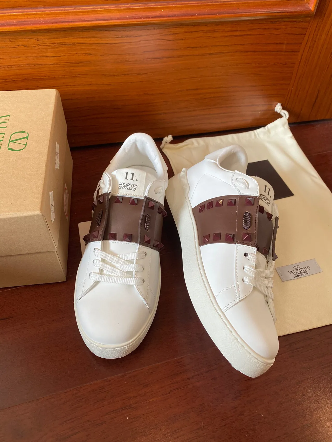 Valentino Rockstud Branco Marrom Couro Tira Stud-Accented Estilo de Vida Tênis 7