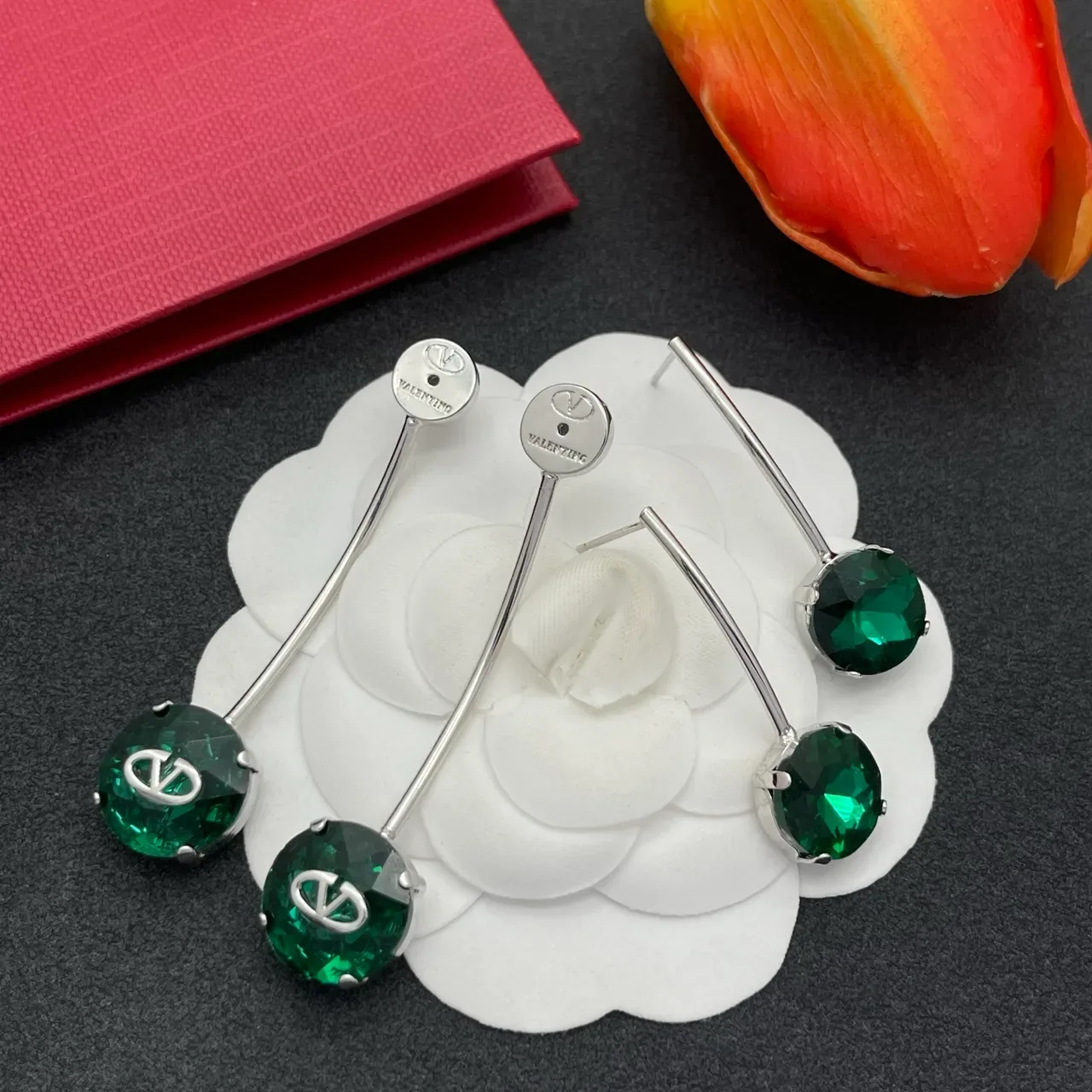 Valentino VLogo Double-Stone Emerald Green Crystal Earrings 5