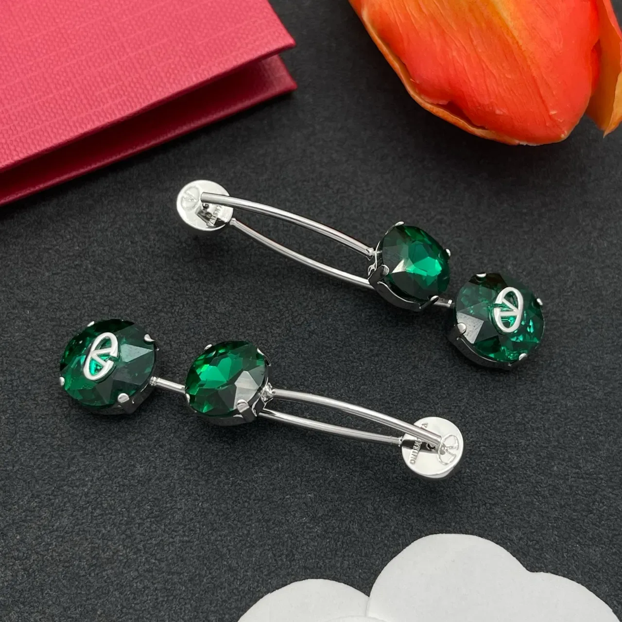 Valentino VLogo Double-Stone Emerald Green Crystal Earrings 6