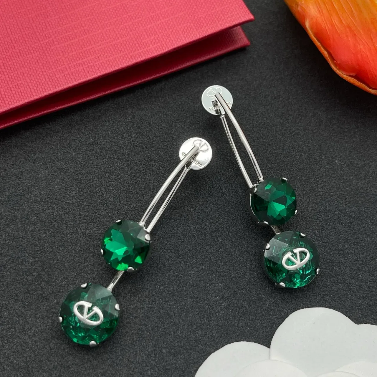 Valentino VLogo Double-Stone Emerald Green Crystal Earrings 7