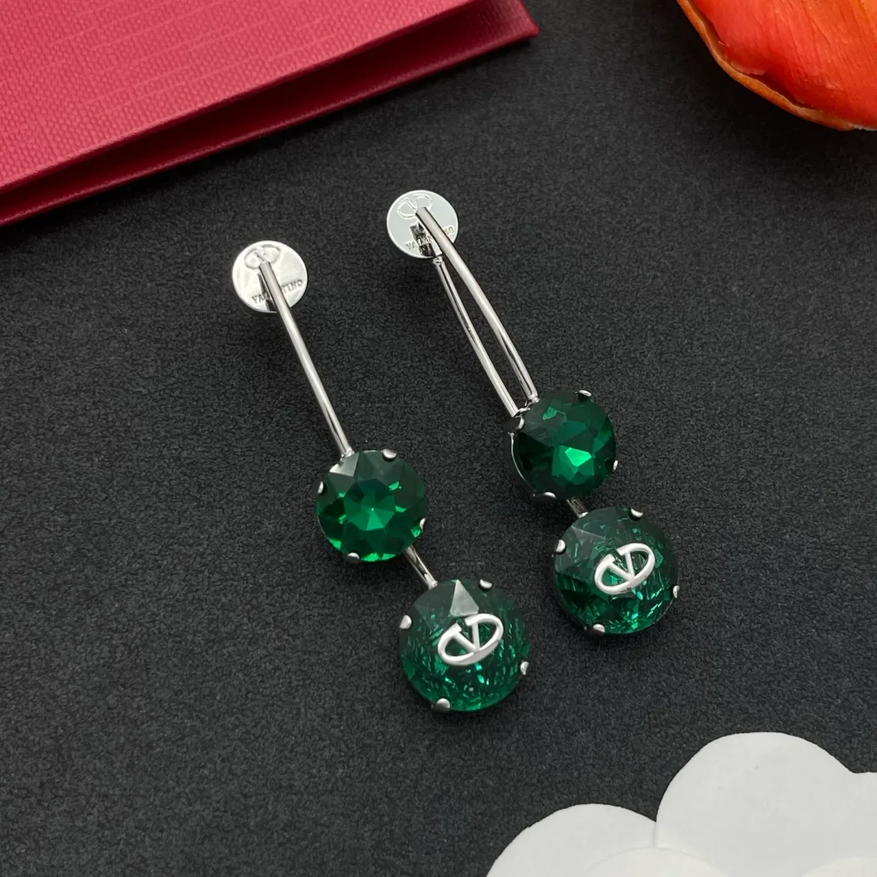 Valentino VLogo Double-Stone Emerald Green Crystal Earrings 8