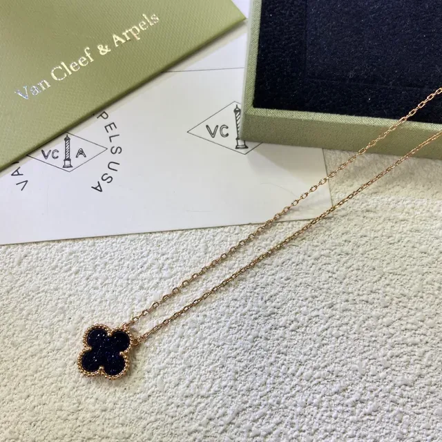 Van Cleef & Arpels Alhambra Blue Glitter Enamel Four-Leaf Clover Necklace 4