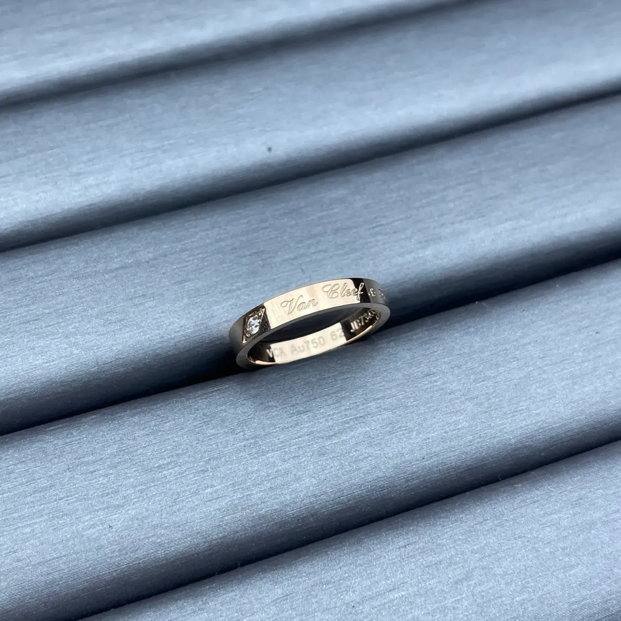 Van Cleef & Arpels Gold Silver Engraved Script Logo Side-Set Single Diamond Ring 5