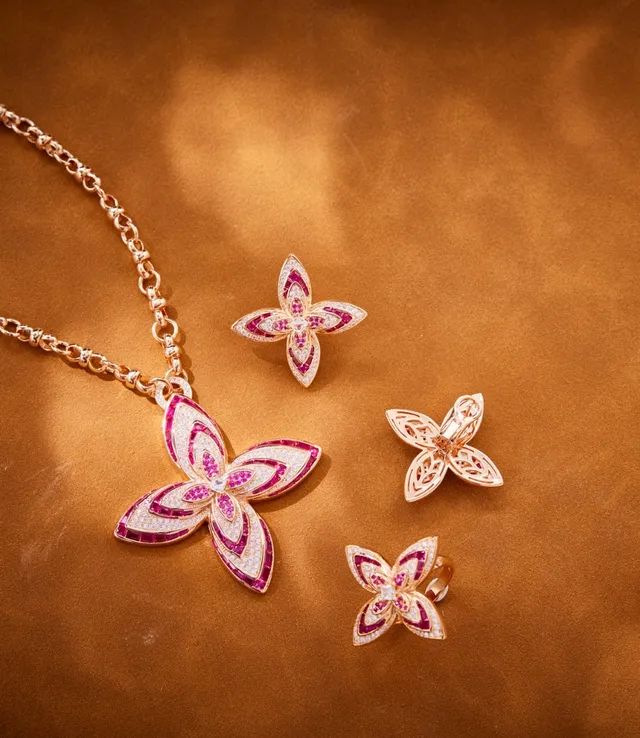 Van Cleef & Arpels গোলাপি সোনা ফুল-বাটারফ্লাই মোটিফ পাভে-সেট ডায়মন্ড রিং 2