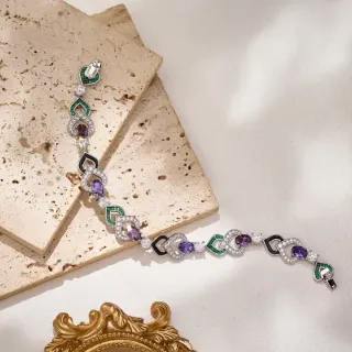 Van Cleef & Arpels Purple Green Interlocking Heart-Shaped Links Pavé Diamond Borders Bracelet