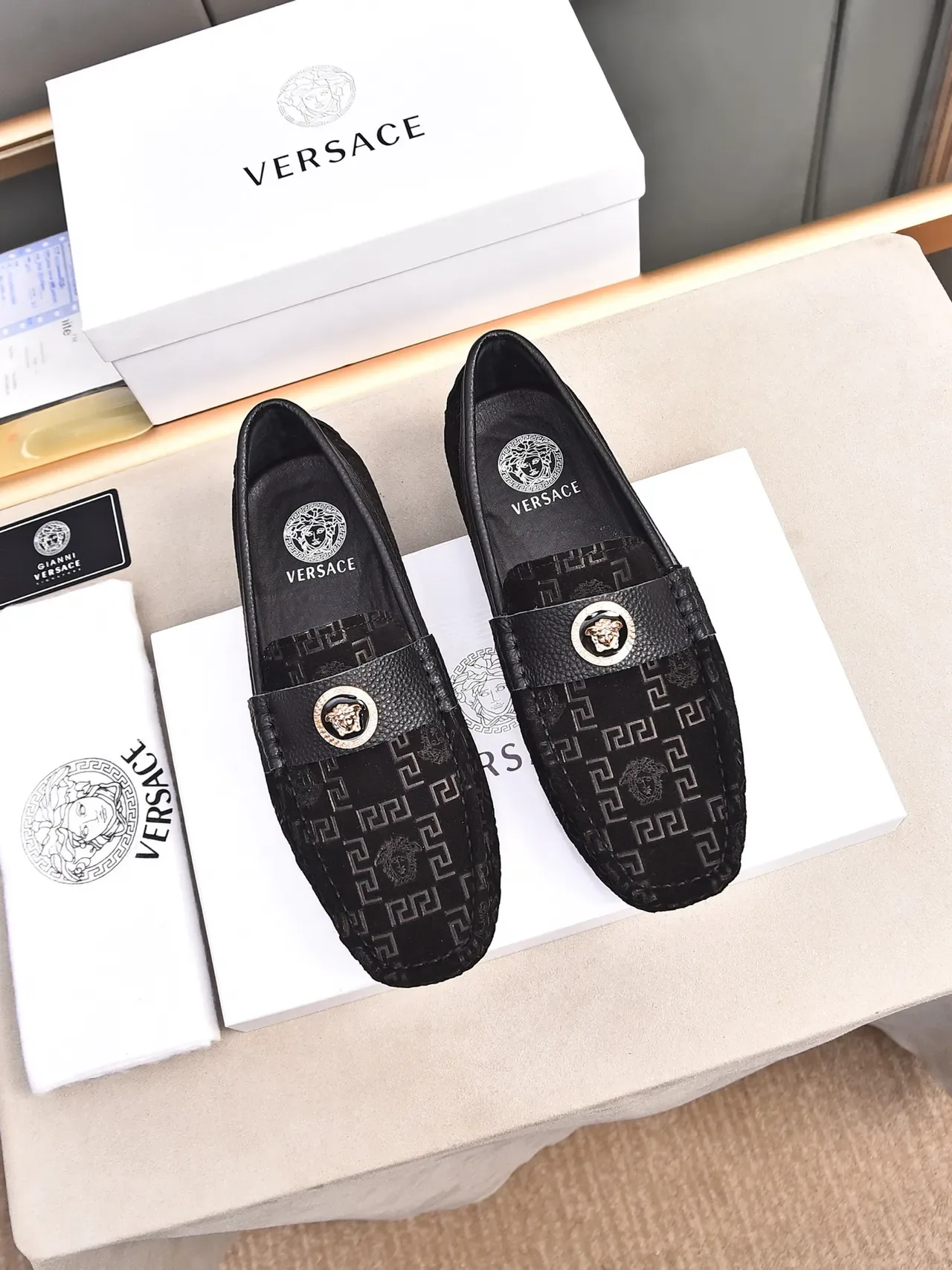 Versace Black Gold Embossed Greca Pattern Medusa Head Medallion Loafer 2