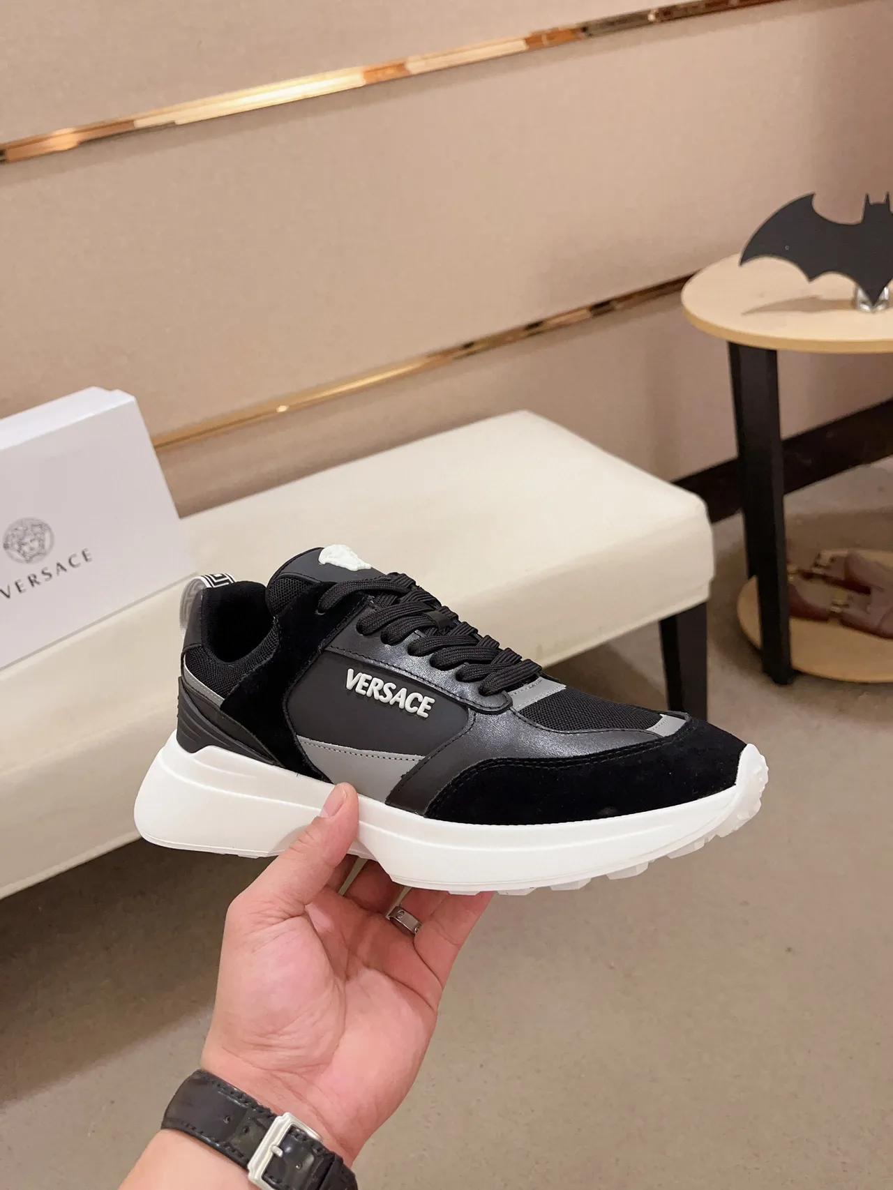 Versace Black White Mixed-Material Upper Platform Sole Chunky Sneakers 7