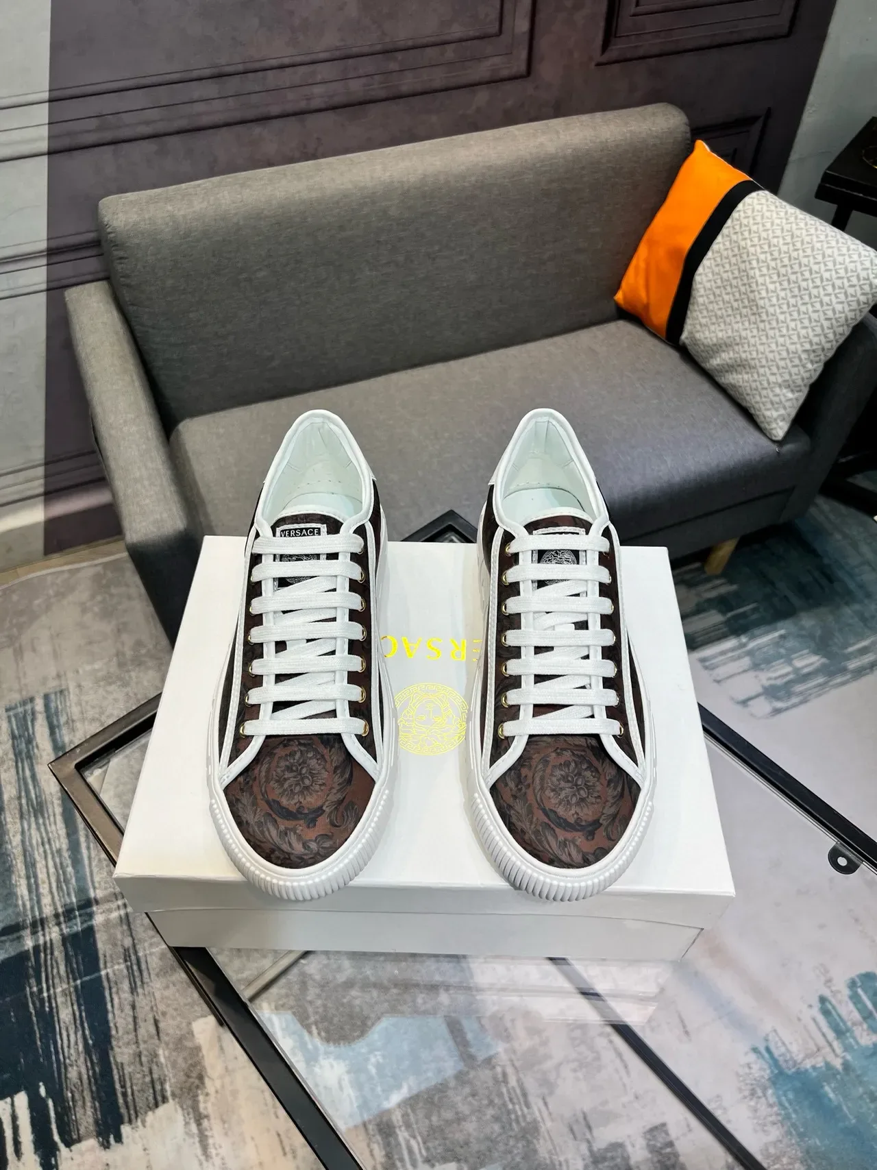 Versace Brown White Low-Top Baroque-Print Upper Lifestyle Sneakers 4