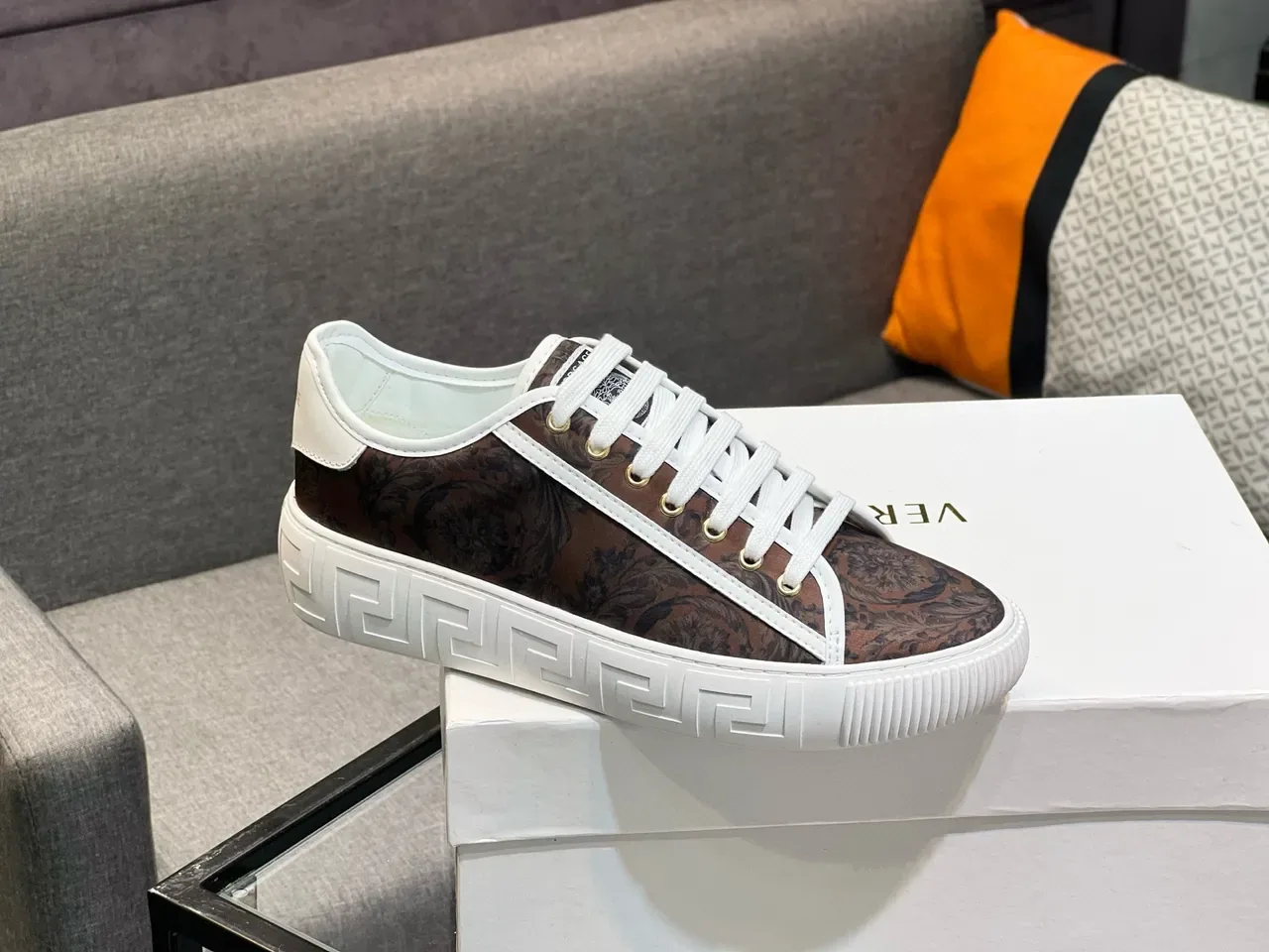 Versace Brown White Low-Top Baroque-Print Upper Lifestyle Sneakers 5