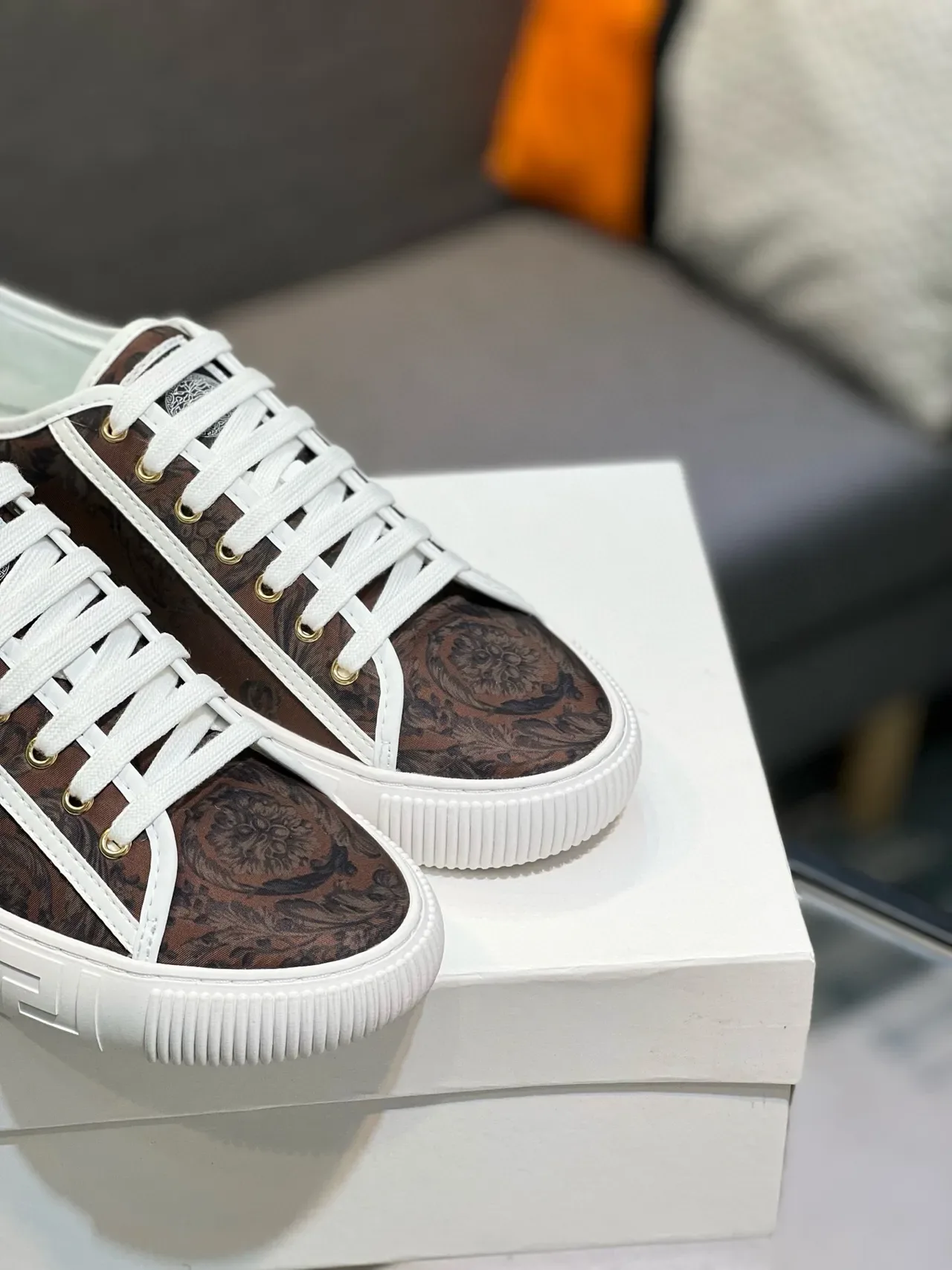 Versace Brown White Low-Top Baroque-Print Upper Lifestyle Sneakers 6