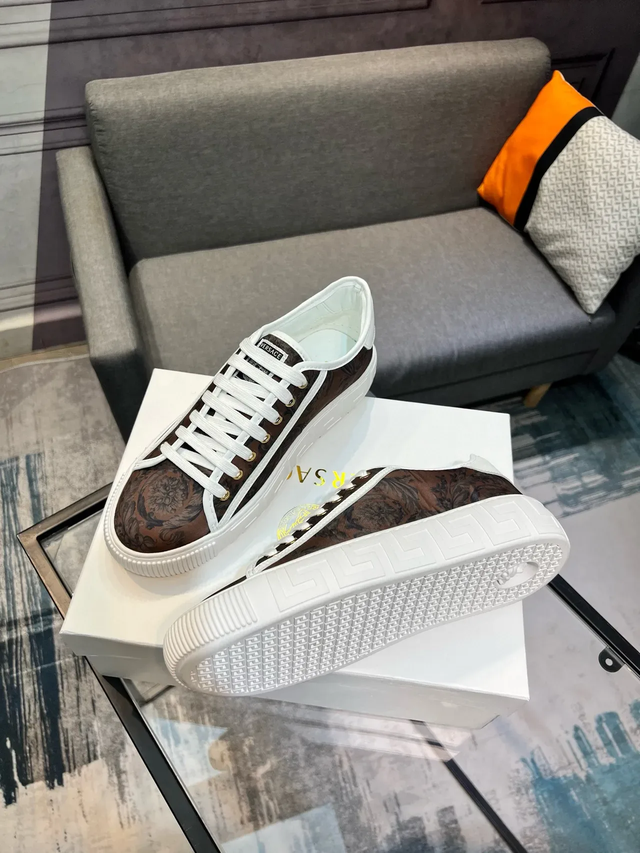 Versace Brown White Low-Top Baroque-Print Upper Lifestyle Sneakers 7