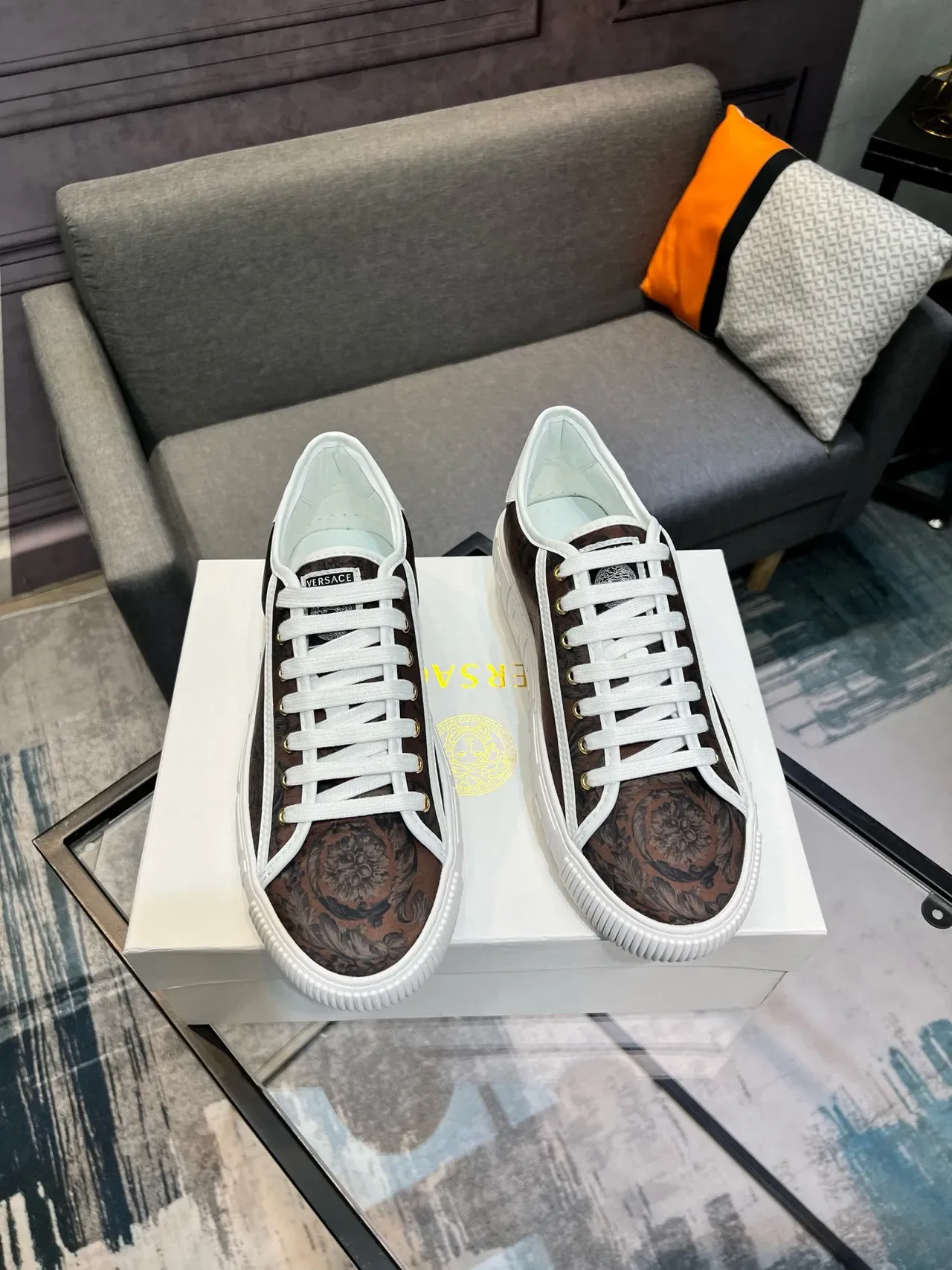 Versace Brown White Low-Top Baroque-Print Upper Lifestyle Sneakers 9