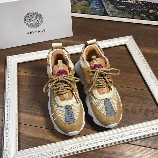 Versace Chain Reaction Beige White Sculpted Sole Mixed Suede-Mesh Upper Chunky Sneakers 2