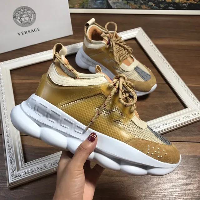 Versace Chain Reaction Beige White Sculpted Sole Mixed Suede-Mesh Upper Chunky Sneakers 5