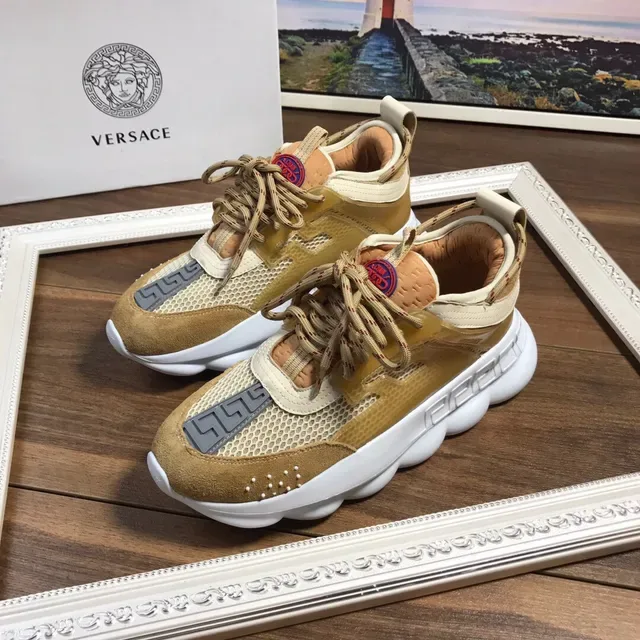 Versace Chain Reaction Beige White Sculpted Sole Mixed Suede-Mesh Upper Chunky Sneakers 8
