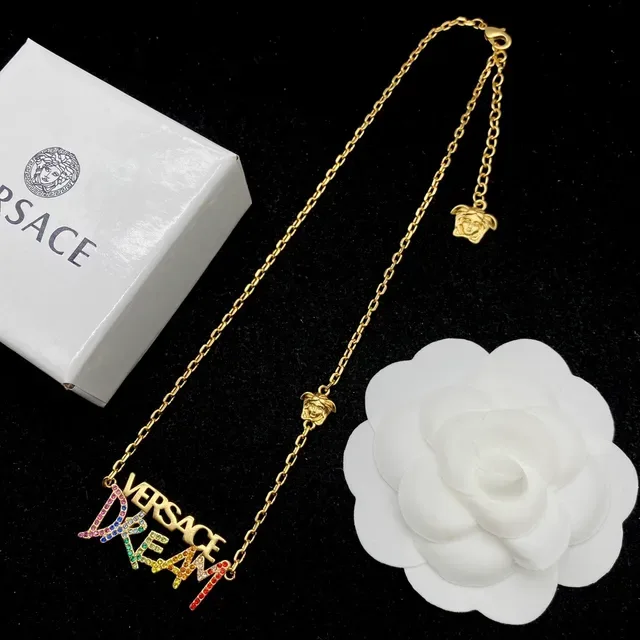 Versace Dream Gold Multicolor Chain Crystal-Embellished Lettering Necklace 8