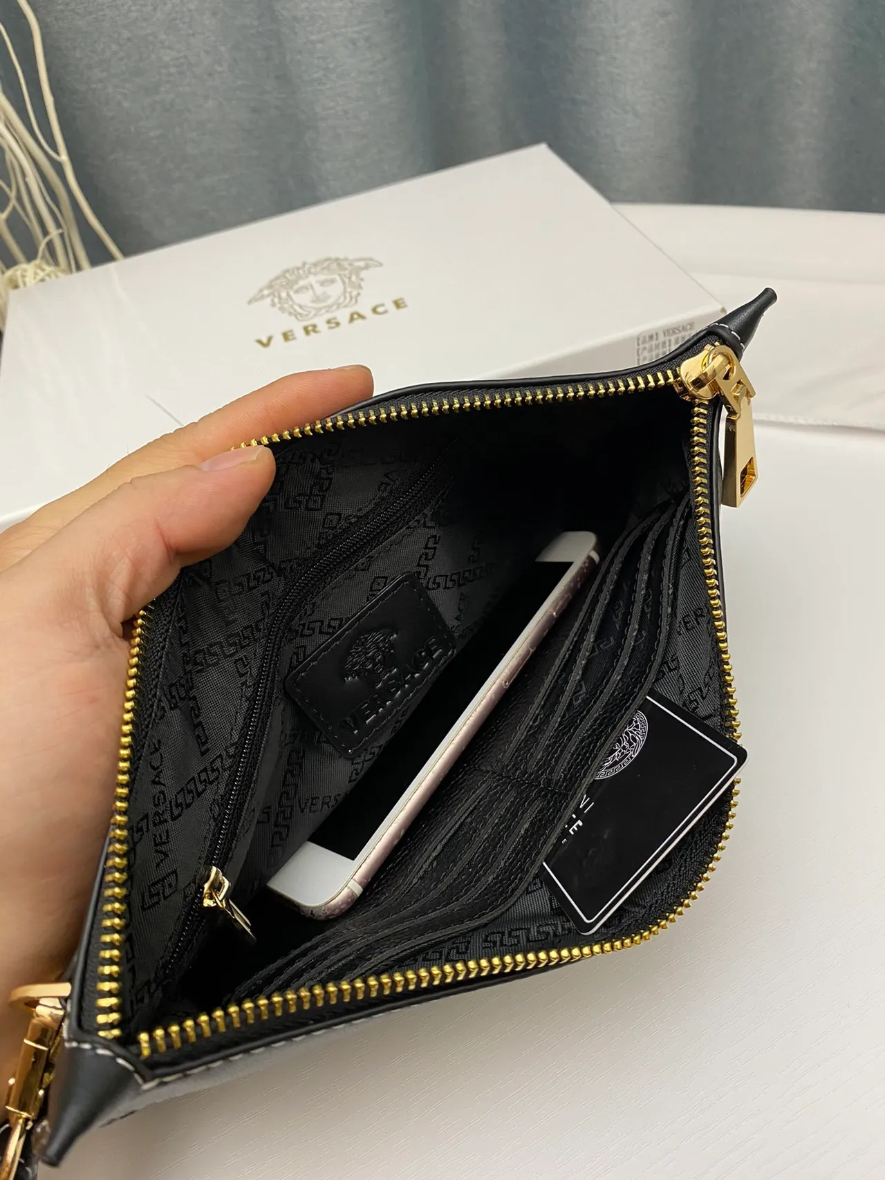 Versace Greca Odissea Black Pebbled Leather Wristlet 3