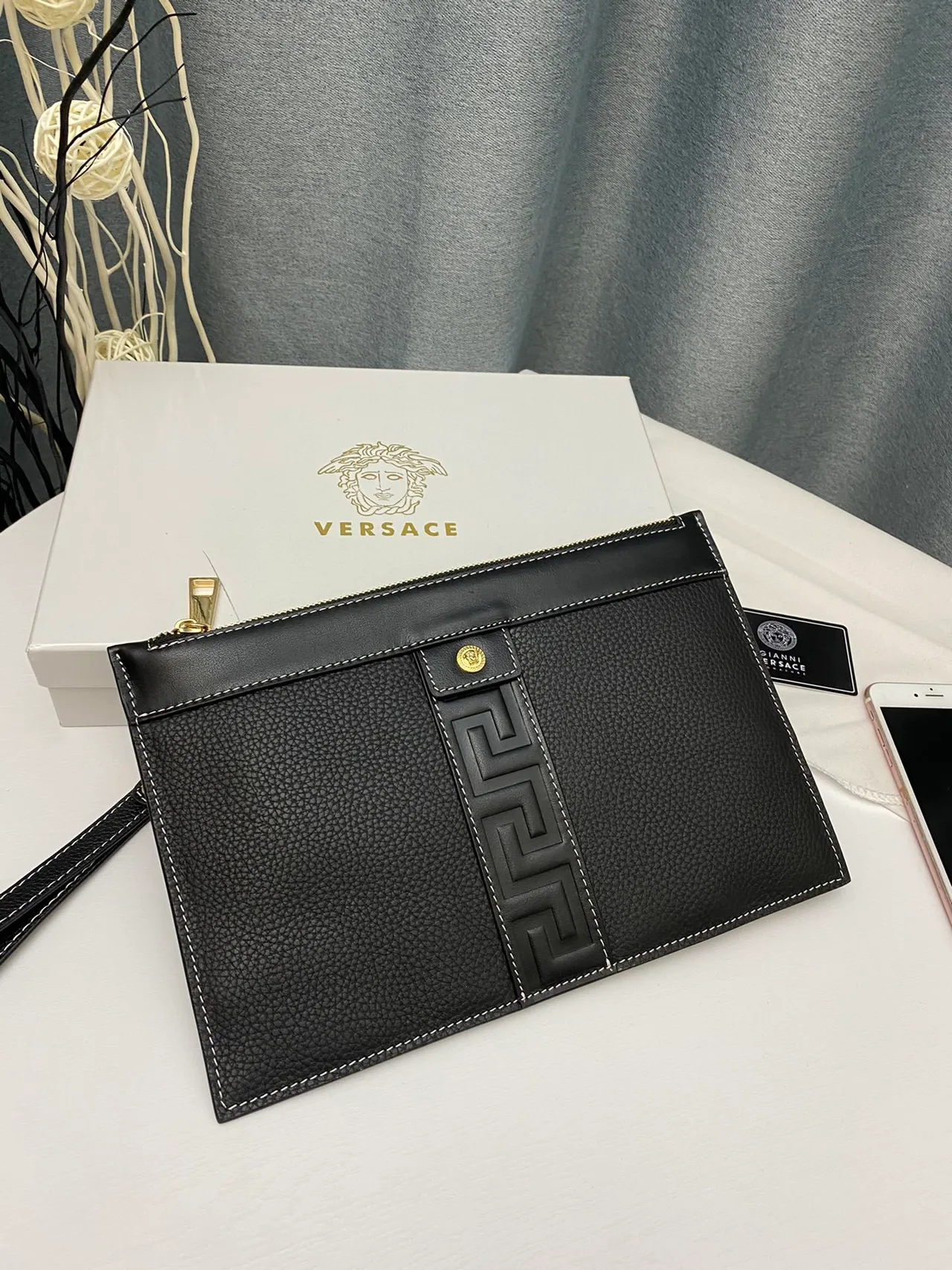 Versace Greca Odissea Black Pebbled Leather Wristlet 8
