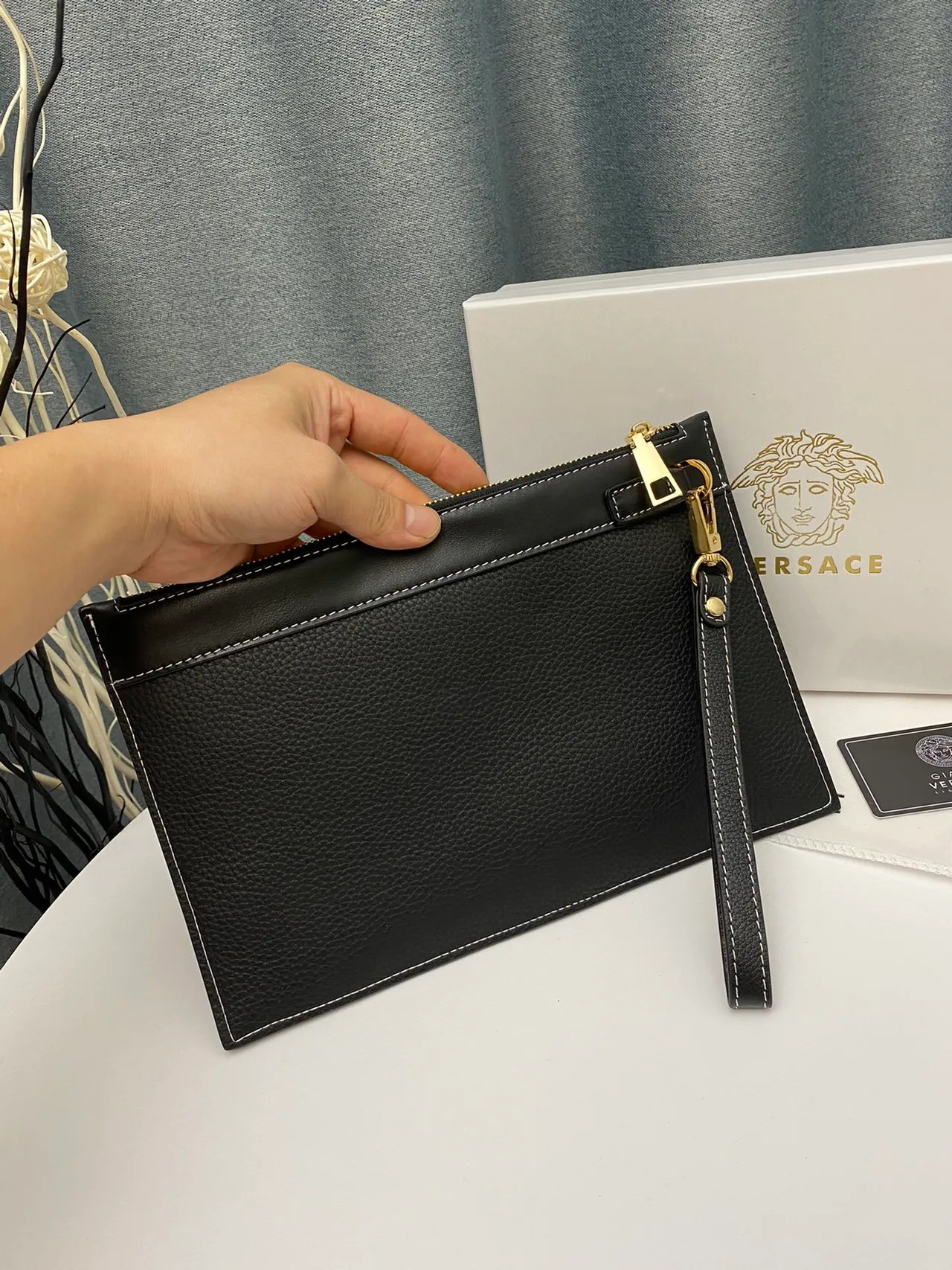 Versace Greca Odissea Black Pebbled Leather Wristlet 9