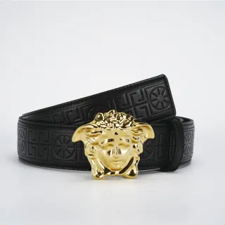 Cinto Versace Medusa Preto Dourado Padrão Embossed Greca Fivela de Cabeça Polida Cinto de Couro