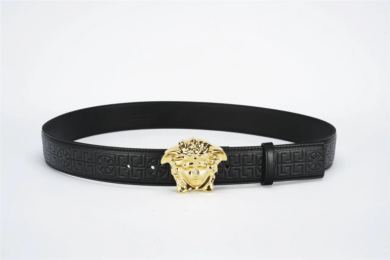 Versace Medusa Belt Black Gold Embossed Greca Pattern Polished Head Buckle Leather Belt 9