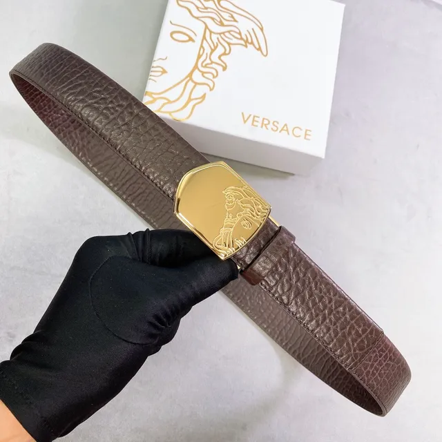Versace Medusa Cinto de couro marrom dourado texturizado croc-embossed placa fivela 2