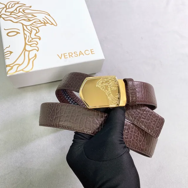 Versace Medusa Cinto de couro marrom dourado texturizado croc-embossed placa fivela 3
