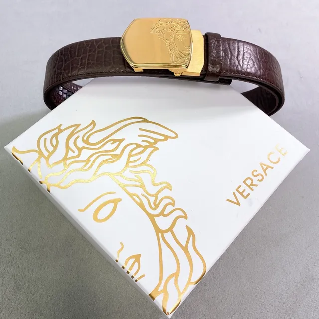 Versace Medusa Cinto de couro marrom dourado texturizado croc-embossed placa fivela 4