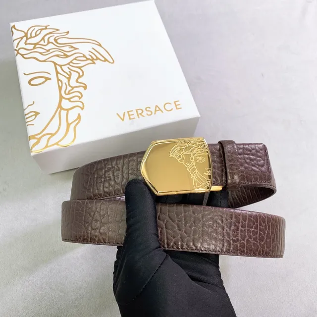 Versace Medusa Cinto de couro marrom dourado texturizado croc-embossed placa fivela 5