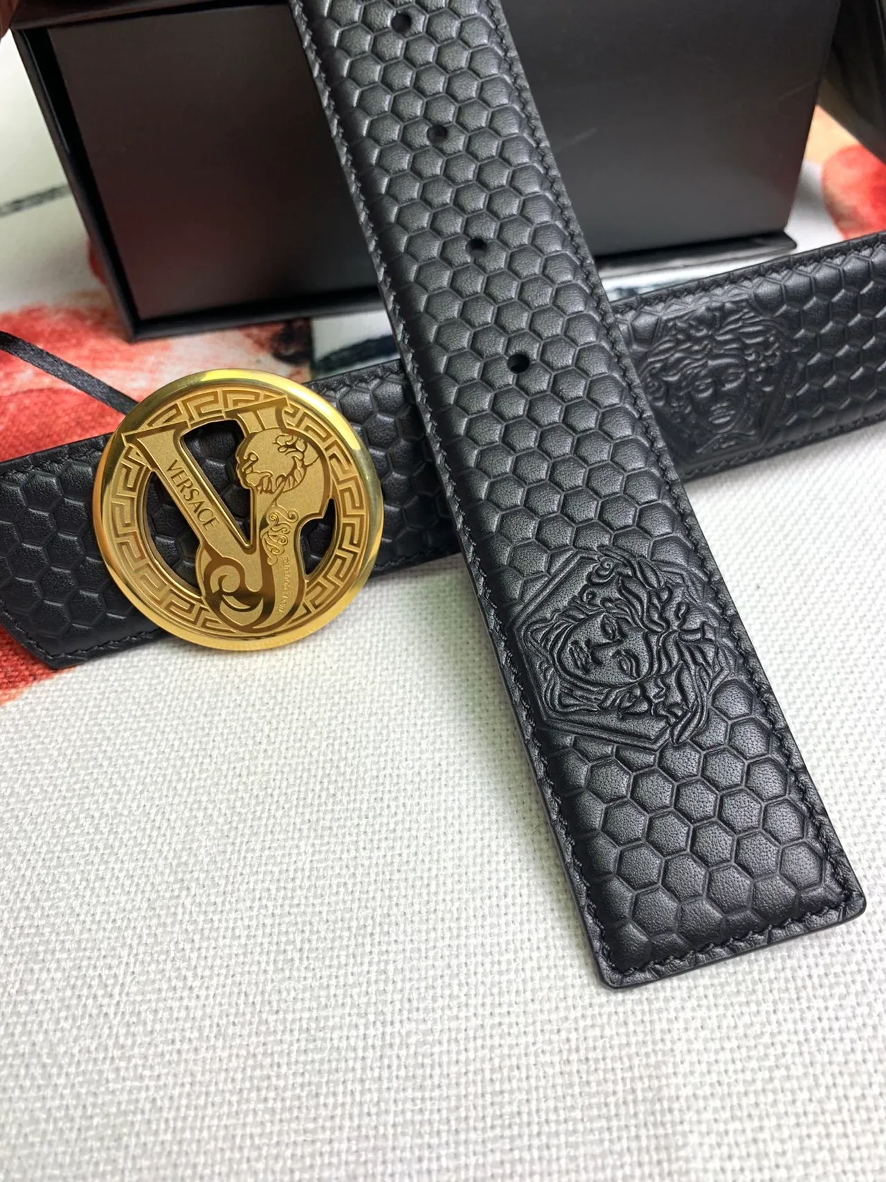 Versace Odissea Black Gold Hexagonal Textured Embossed Medusa Heads Leather Belt 2