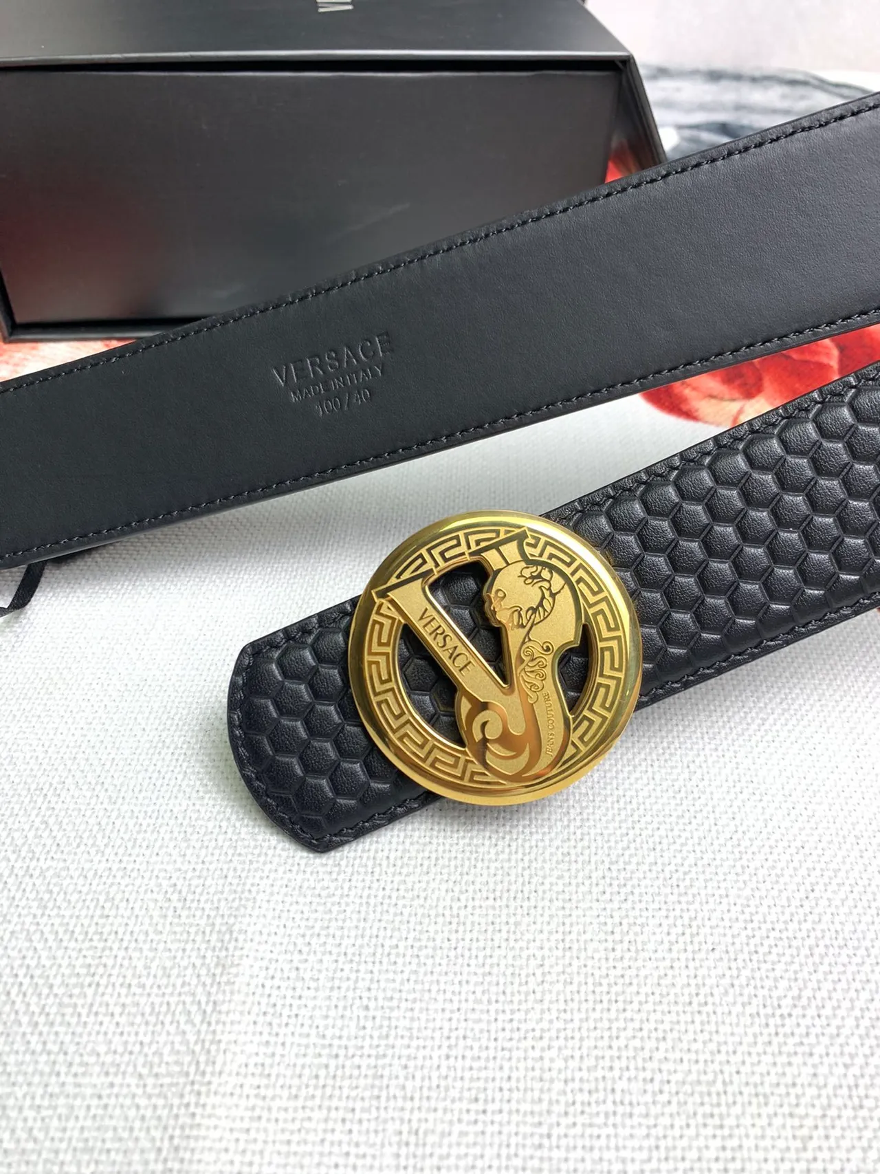 Versace Odissea Black Gold Hexagonal Textured Embossed Medusa Heads Leather Belt 3