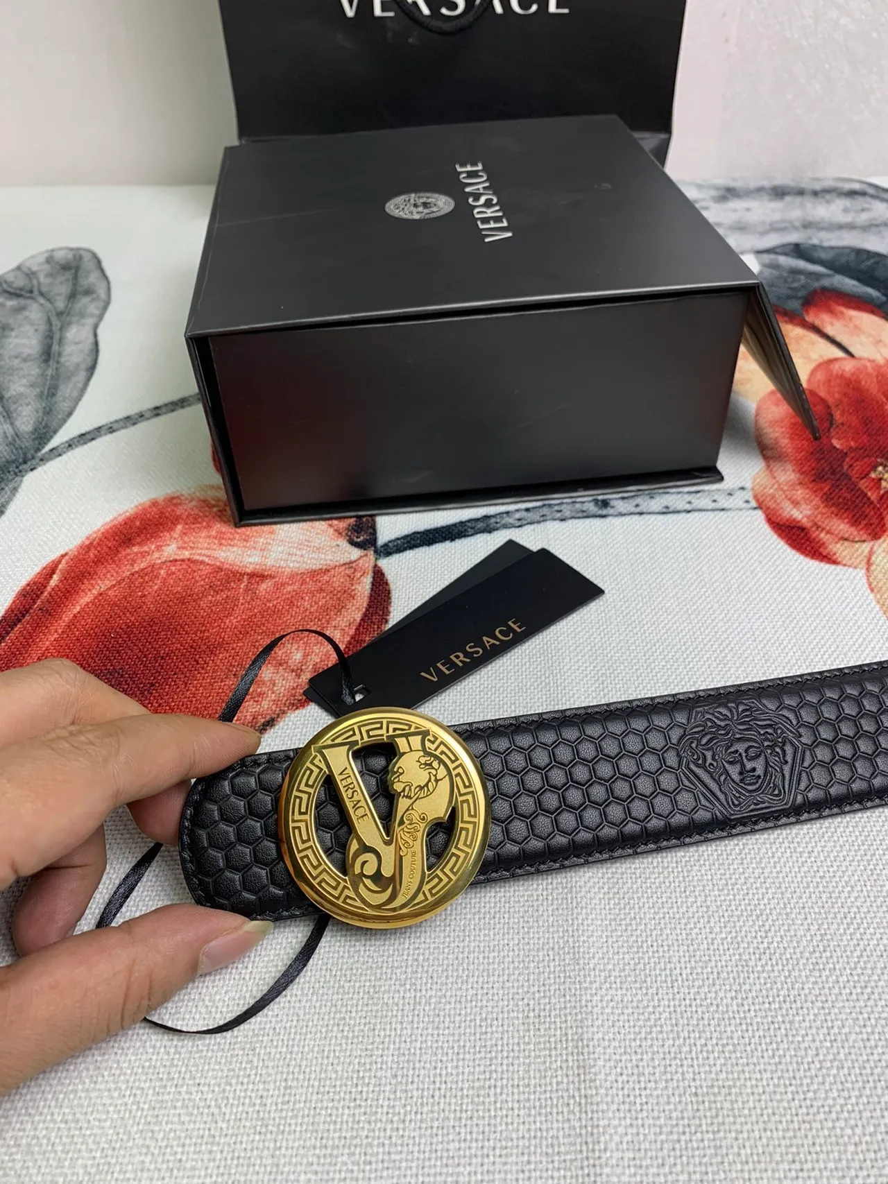 Versace Odissea Black Gold Hexagonal Textured Embossed Medusa Heads Leather Belt 4