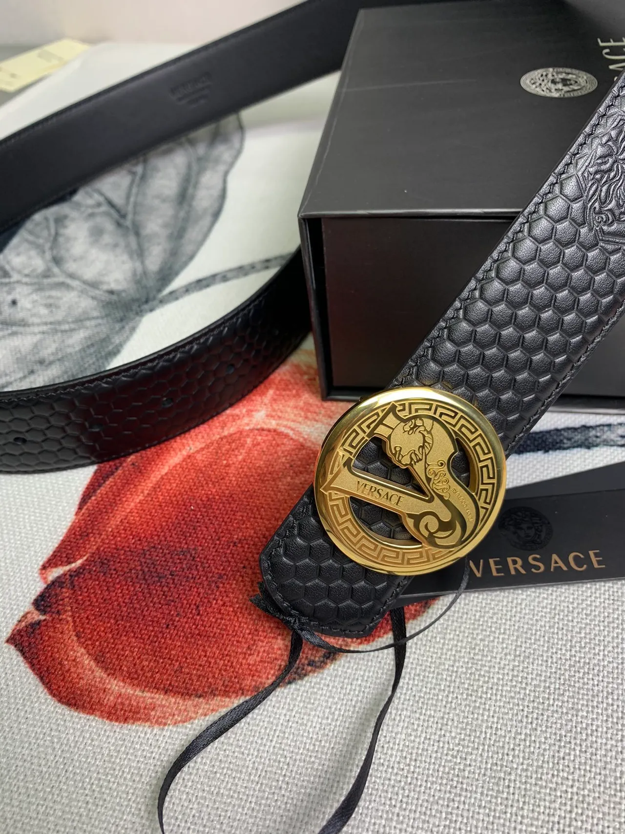 Versace Odissea Black Gold Hexagonal Textured Embossed Medusa Heads Leather Belt 5