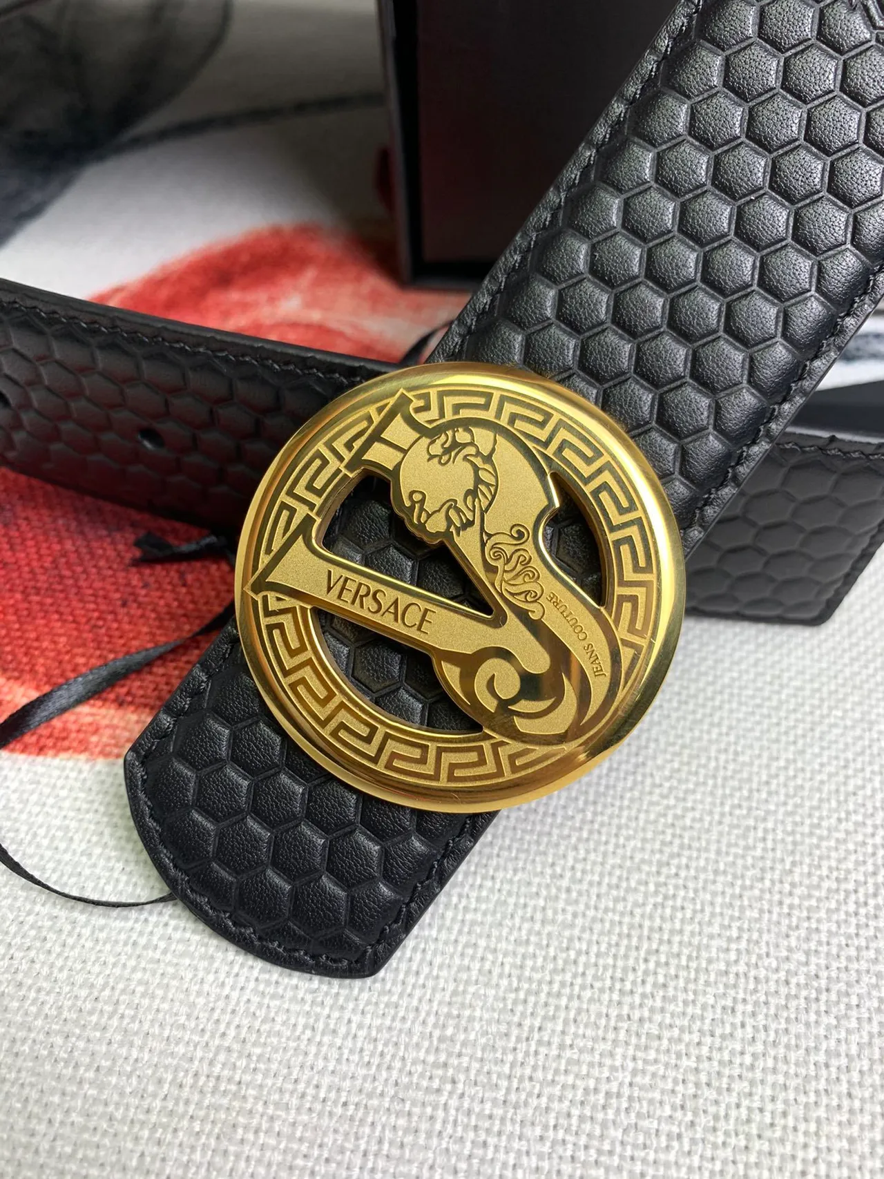 Versace Odissea Black Gold Hexagonal Textured Embossed Medusa Heads Leather Belt 6