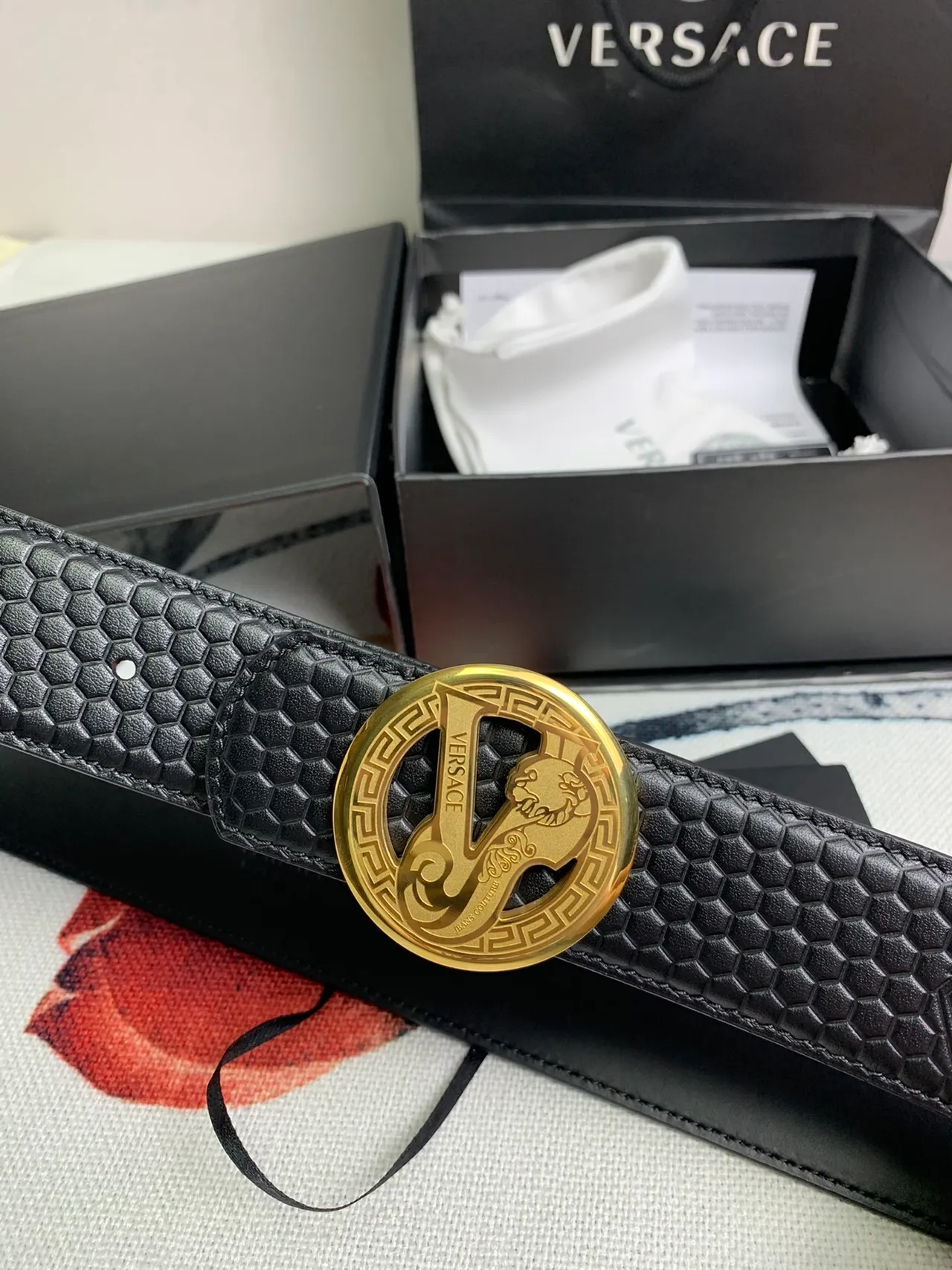 Versace Odissea Black Gold Hexagonal Textured Embossed Medusa Heads Leather Belt 7
